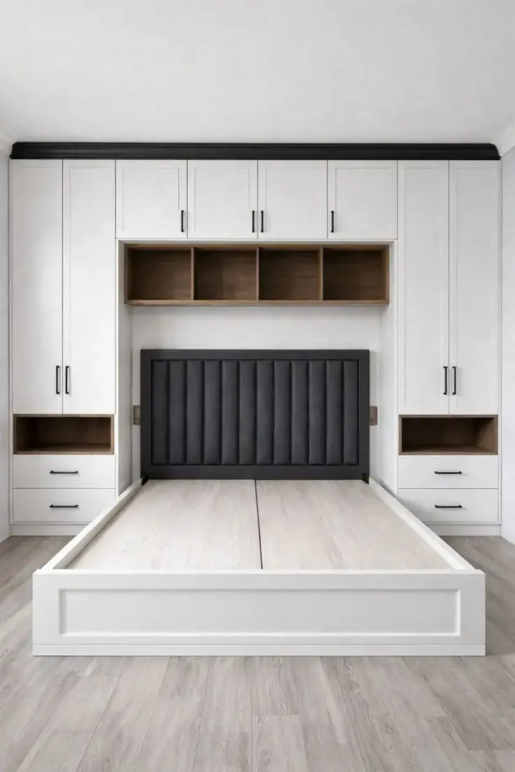 Bespoke built-in bedroom storage surrounding a bed