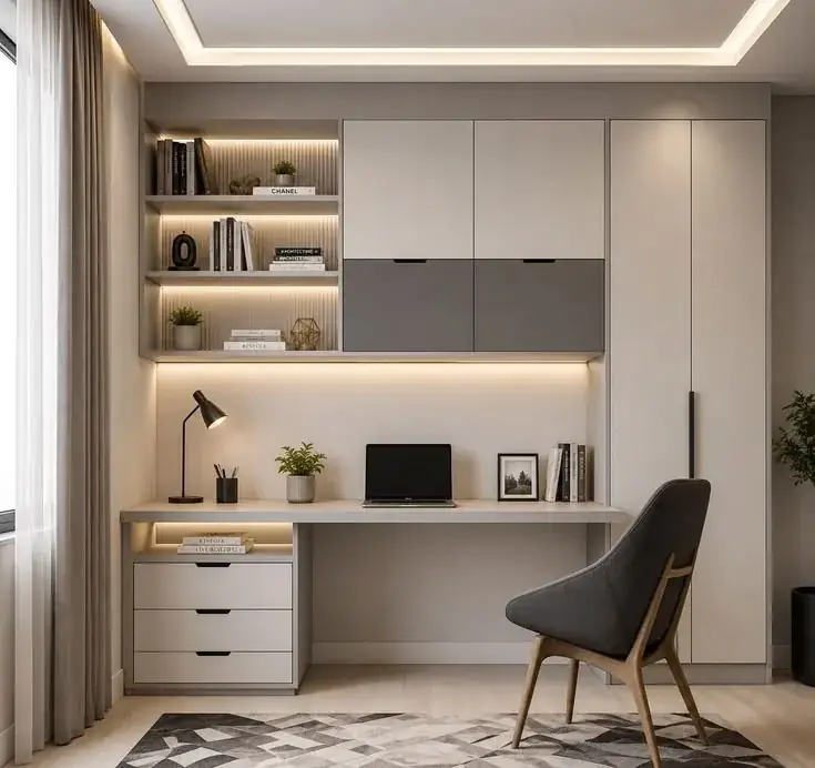Custom home office desk and cabinetry with integrated lighting