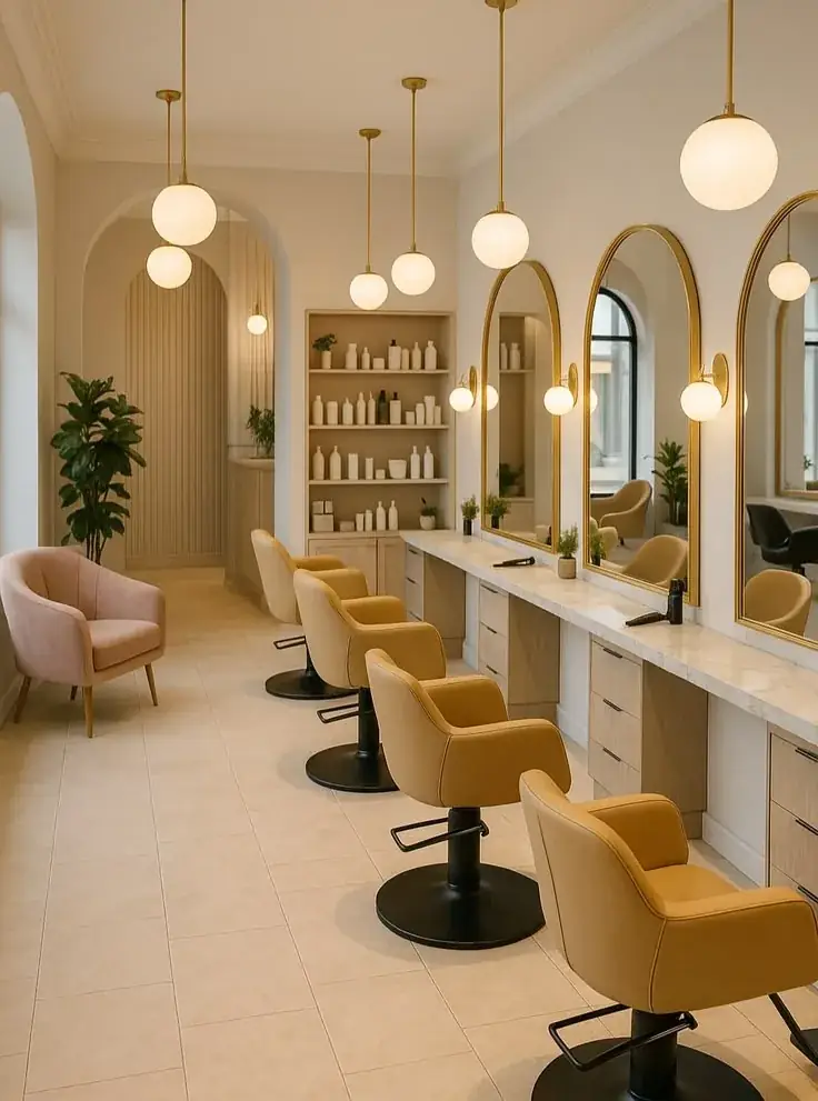 Modern salon interior with styling stations and pendant lighting