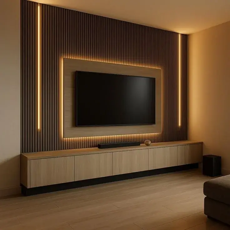 Modern wood slat TV feature wall with warm accent lighting