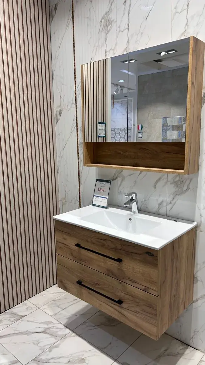 Timber bathroom vanity with backlit mirror cabinet