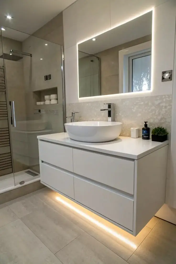 Luxury bathroom vanity with vessel sink and backlit mirror