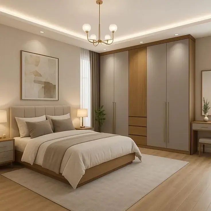 Contemporary bedroom with fitted wardrobes and warm lighting