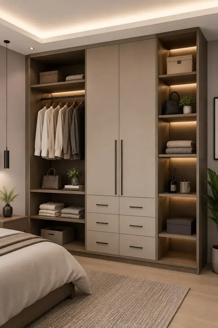 Walk-in wardrobe detail with internal lighting and open shelving