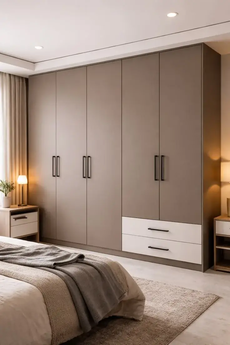 Fitted bedroom wardrobe wall with taupe and white finishes