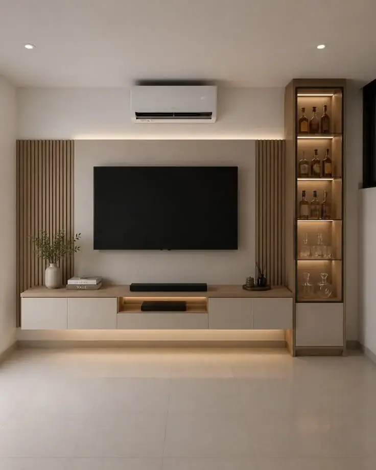 Living room media unit with backlit shelving and bar display