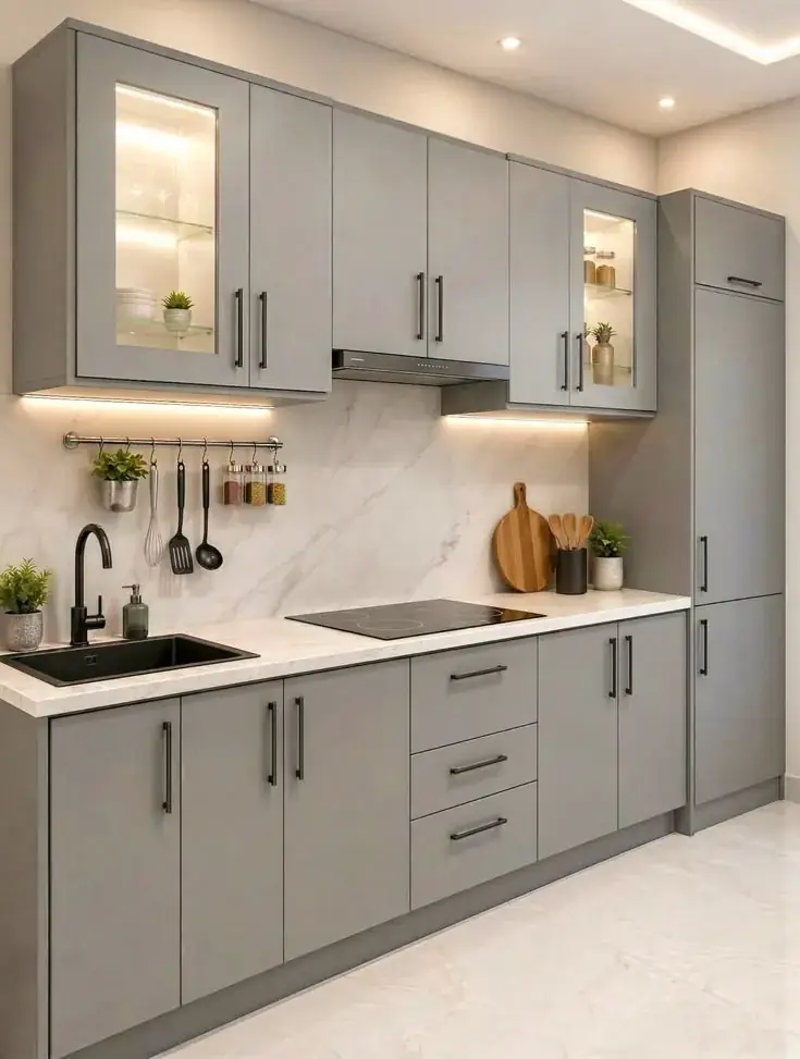 Grey fitted kitchen with marble splashback and glass display cabinets