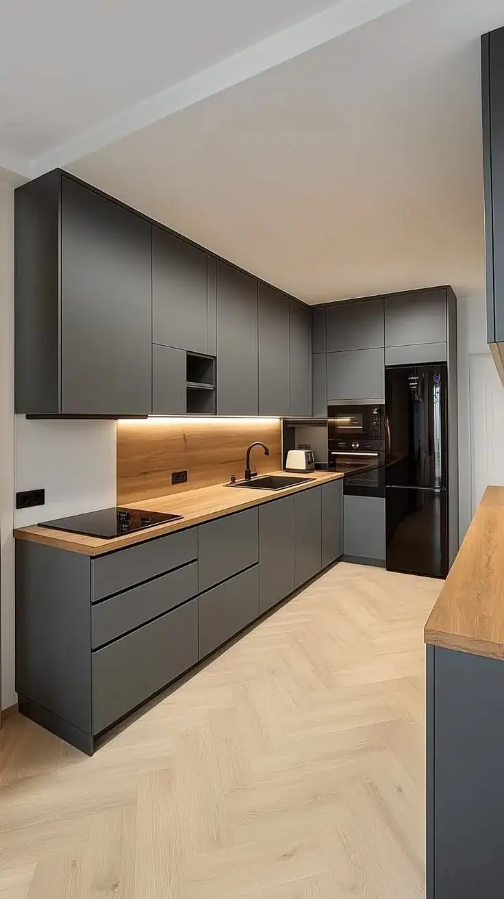 Charcoal fitted kitchen with timber countertop and herringbone floor